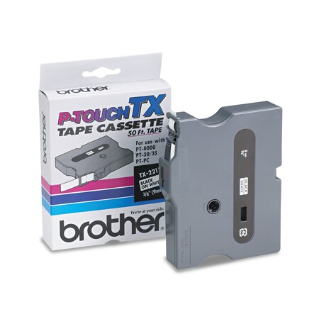 Brother TX Tape Cartridge for PT-8000, PT-PC, PT-30/35, 0.35x50 ft, Blk on Wht TX2211